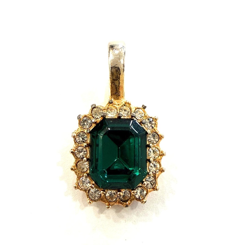 Vintage Roman Signed Pendant Emerald-Cut Green Rhinestone CZ Halo Jewelry